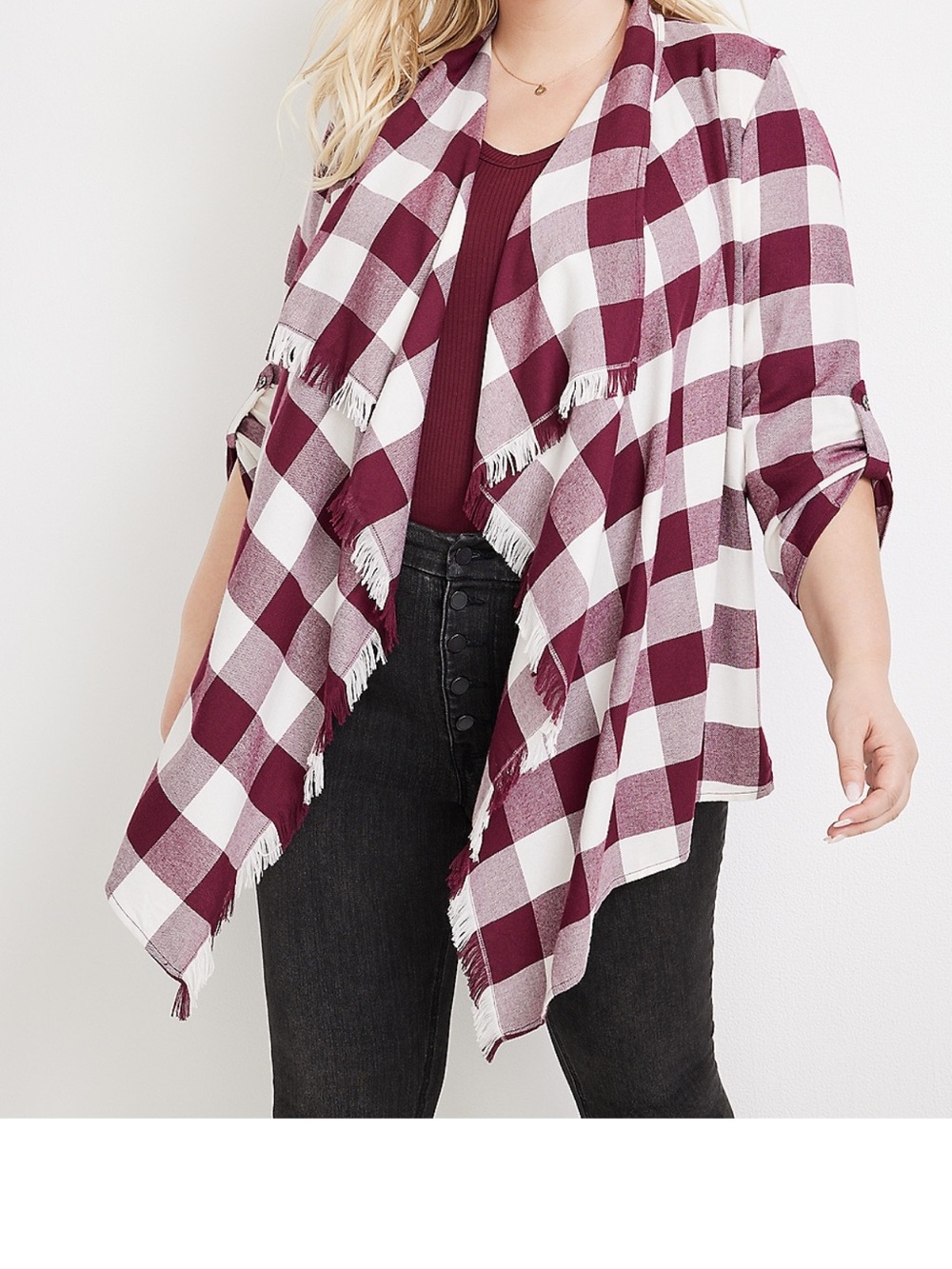 🏷️ NWT Maurice’s Burgundy and White Plaid Open Cardigan size small